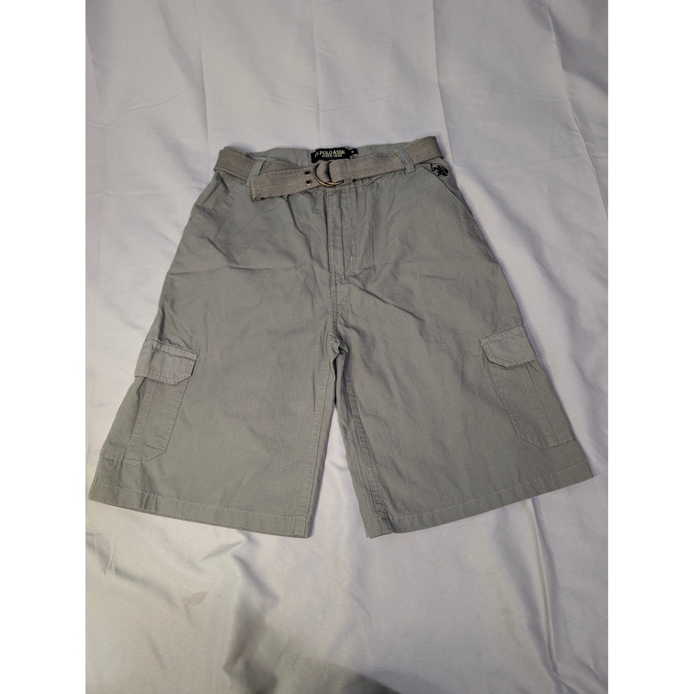 U.S. Polo‎ Assn. Cargo Shorts Kids Size 16 Gray Cotton Ripstop Belted Utility